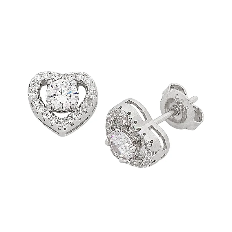 trendy silver earrings for women -Sterling Silver Cubic Zirconia Heart Halo Stud Earrings