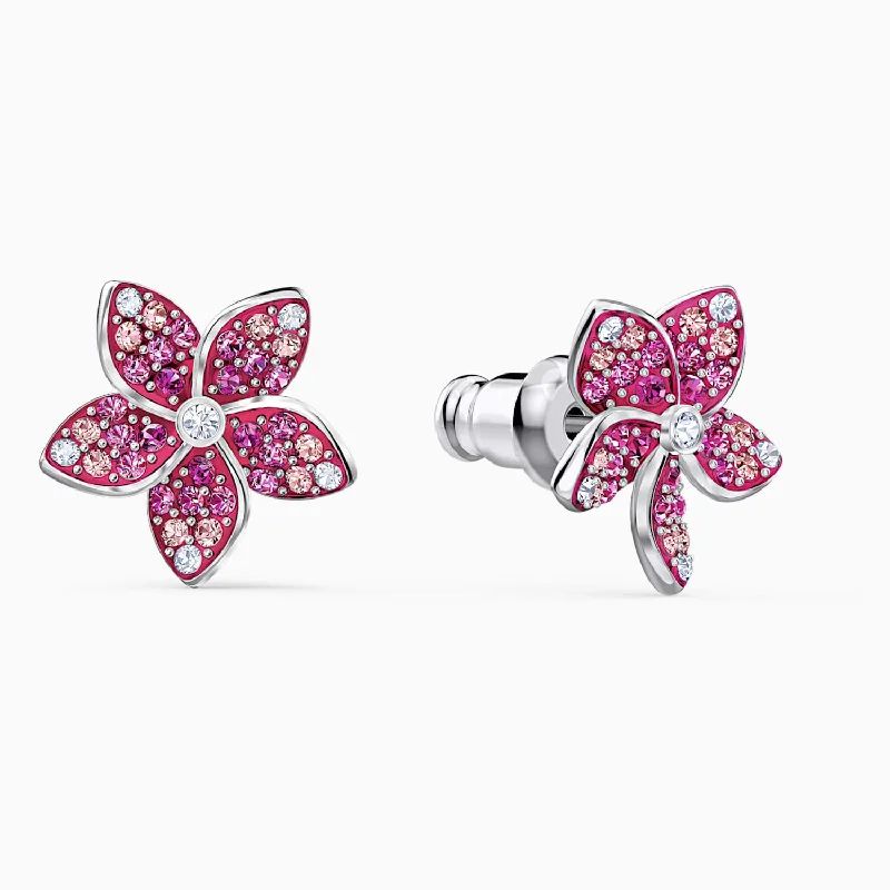 custom earrings for women -SWAROVSKI TROPICAL FLOWER PIERCED EARRINGS, PINK, RHODIUM PLATED