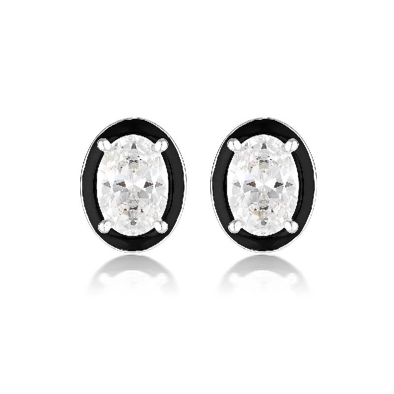 luxury gemstone earrings for women -GEORGINI REFLECTION OVAL STUD EARRINGS SILVER & BLACK ENAMEL