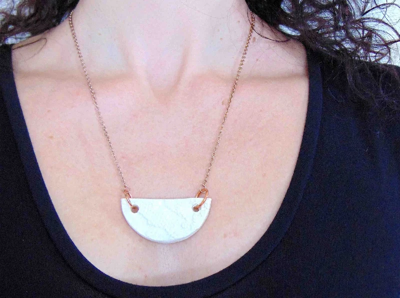 heart necklaces for women -20-inch necklace with off-white half-circle ceramics pendant handmade in Montreal, rose gold-toned stainless steel chain