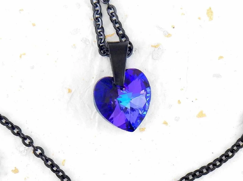 statement necklaces for women -15-inch necklace with Heliotrope (deep violet-blue) faceted Swarovski crystal heart pendant (10mm or 15mm), black stainless steel chain