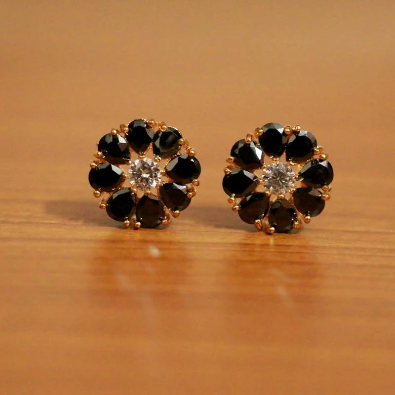 evening earrings for women -Black Onyx Flower Pattern Zirconia Studs