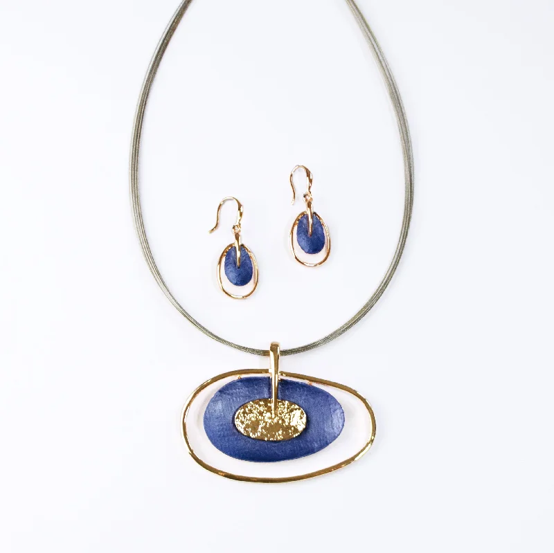 romantic necklaces for women -Boho Style Double Oval Necklace and Earring Set, Rose Gold & Blue