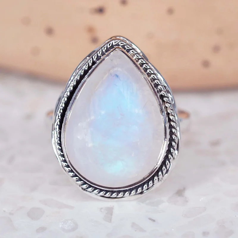 gold promise rings -Moonstone Rain Drop Double Twist Ring