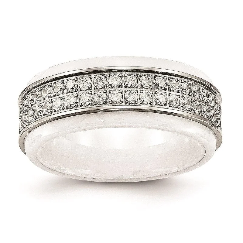 luxury promise rings -Stainless Steel Polished White Ceramic CZ Ridged edge Ring