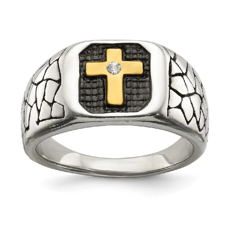 infinity rings for women -Stainless Steel Antiqued & Polished Yellow IP-plated w/Crystal Cross Ring