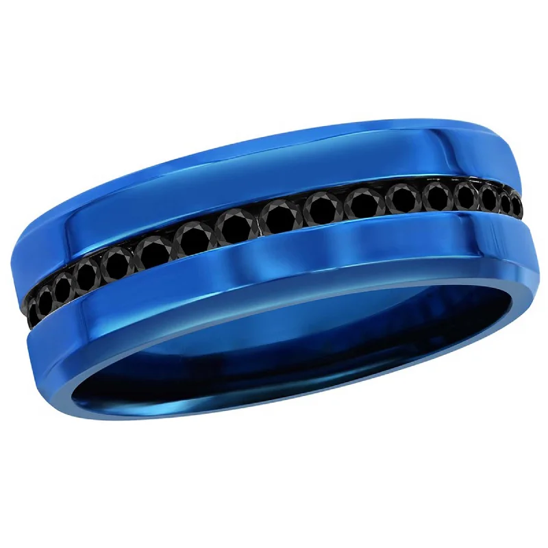 wedding bands for women -Blackjack Men's Blue Steel and Black CZ Ring - SW-2113