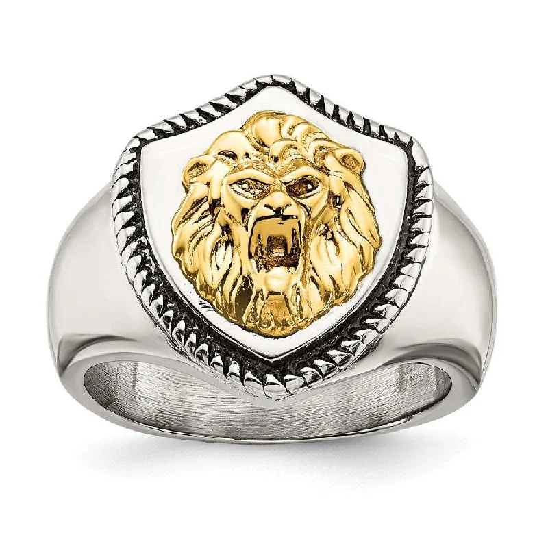 cocktail gemstone rings -Stainless Steel w/14k Accent Antiqued & Polished Lion on Shield Ring