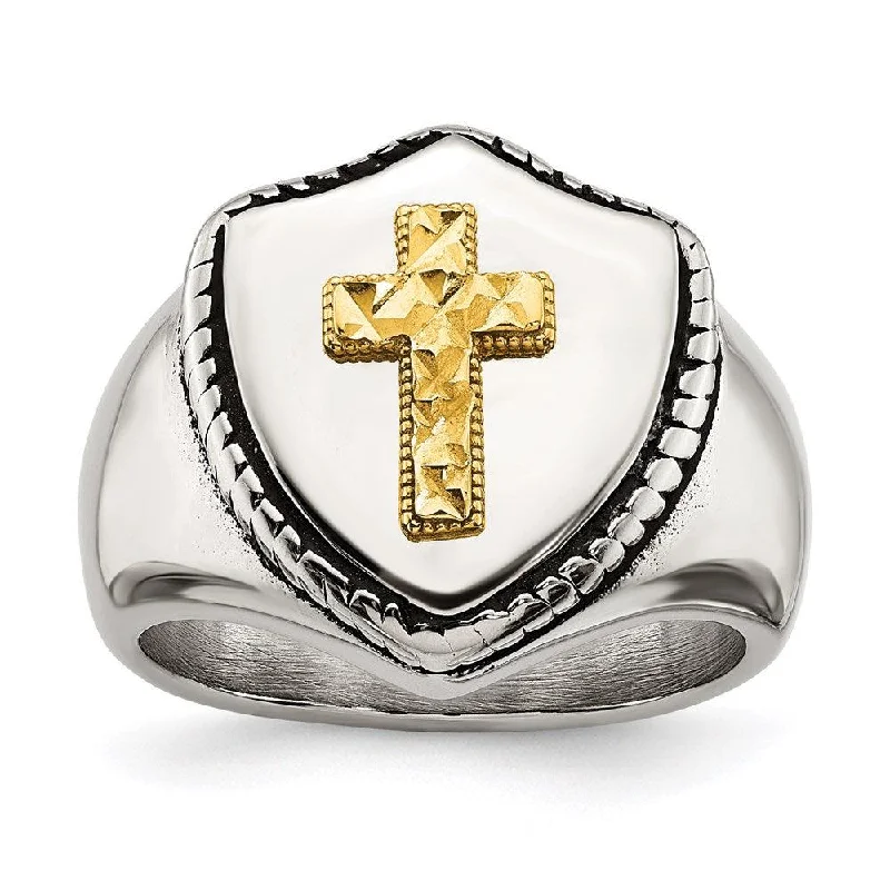 emerald rings for women -Stainless Steel w/14k Accent Antiqued & Polished Cross on Shield Ring