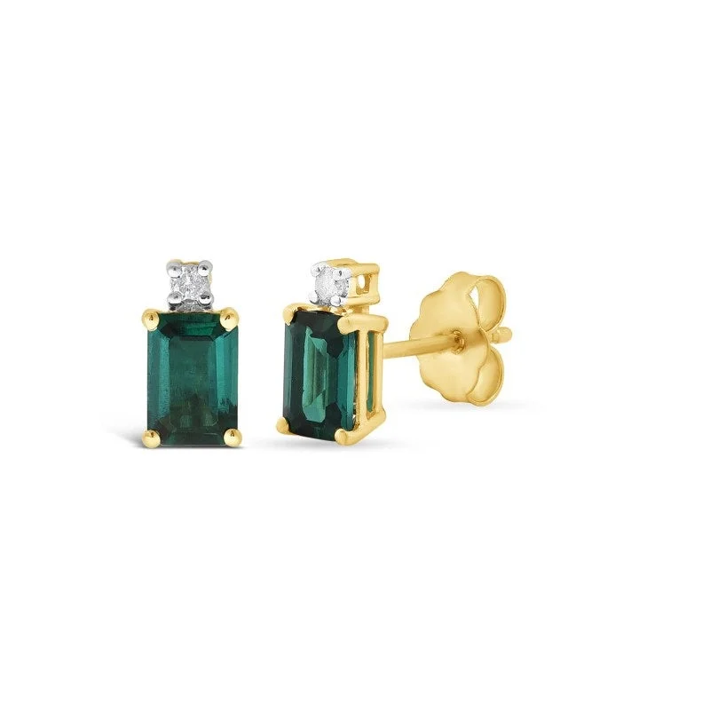 fashion earrings for women -Diamond Set Created Emerald Stud Earrings in 9ct Yellow Gold