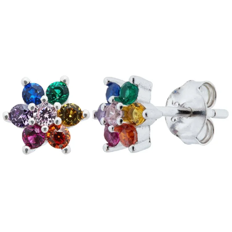 gemstone earrings for women -Rainbow Cubic Zirconia Flower Earrings in Sterling Silver