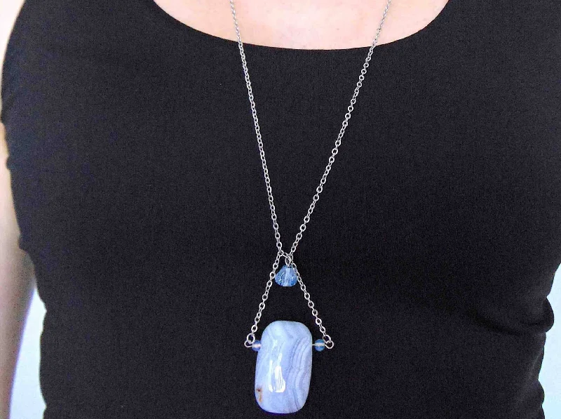 fashion necklaces for women -31-inch necklace with large rectangular blue lace agate stone pendant in triangular layout, matching glass beads, stainless steel chain