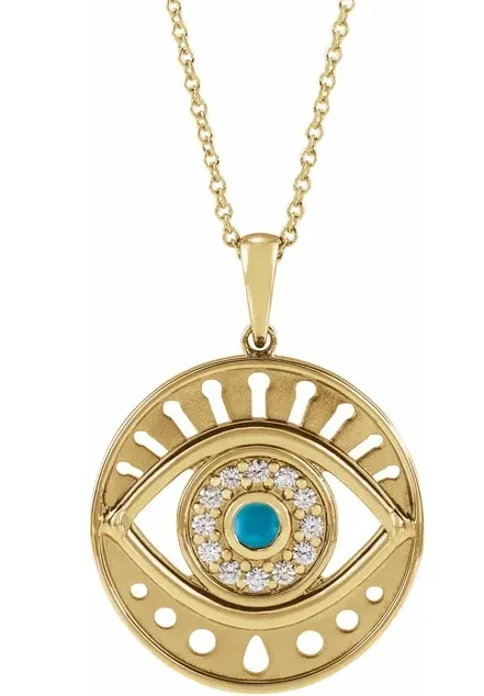 simple charm necklaces for women -14KYG 0.16CTW AND TURQUOISE ROUND DIA EVIL EYE NECKLACE