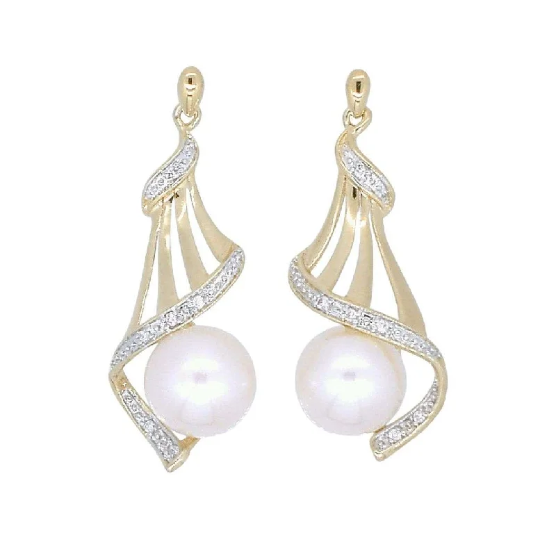 multi-strand earrings for women -9ct Yellow Gold Round Fresh Water Pearl Diamond Set Drop Earrings