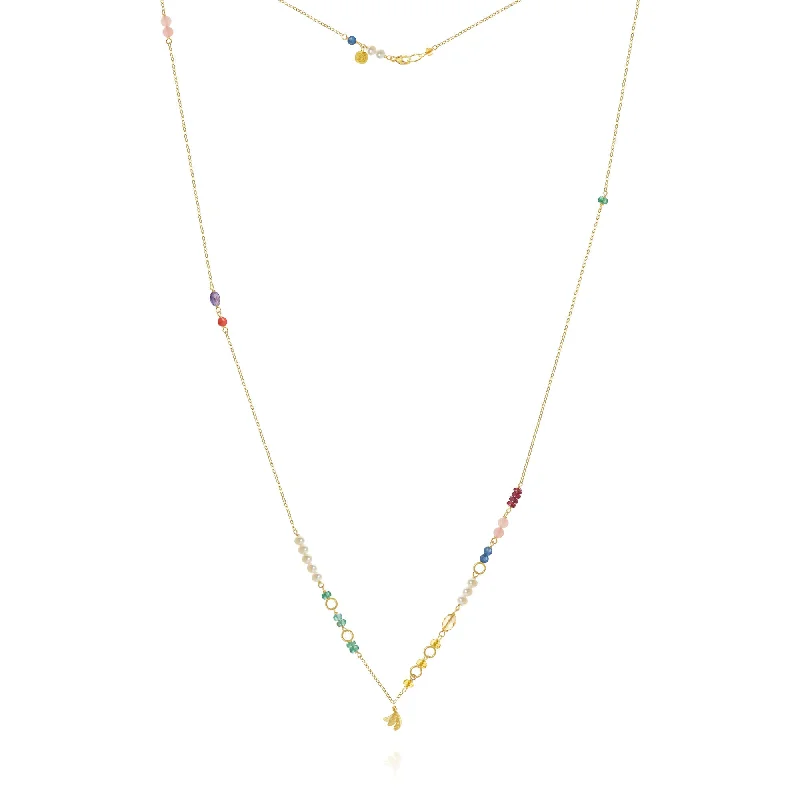 simple gold necklaces for women -Piccolo Bloom Leaf 18K Gold Necklace, 62 cm w. Emerald, Ruby, Quartz, Kyanite, Pearl, Citrin, Coral & Amethyst