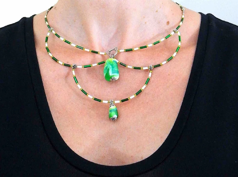 crystal necklaces for women -15-inch signature necklace with articulated green and white hoops and lampworked glass beads (Murano-style glass handmade in Montreal)