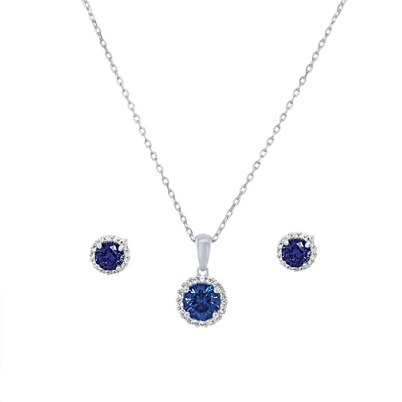 hoop earrings with diamonds -Blue Cubic Zirconia Halo Necklace & Earrings Jewellery Set