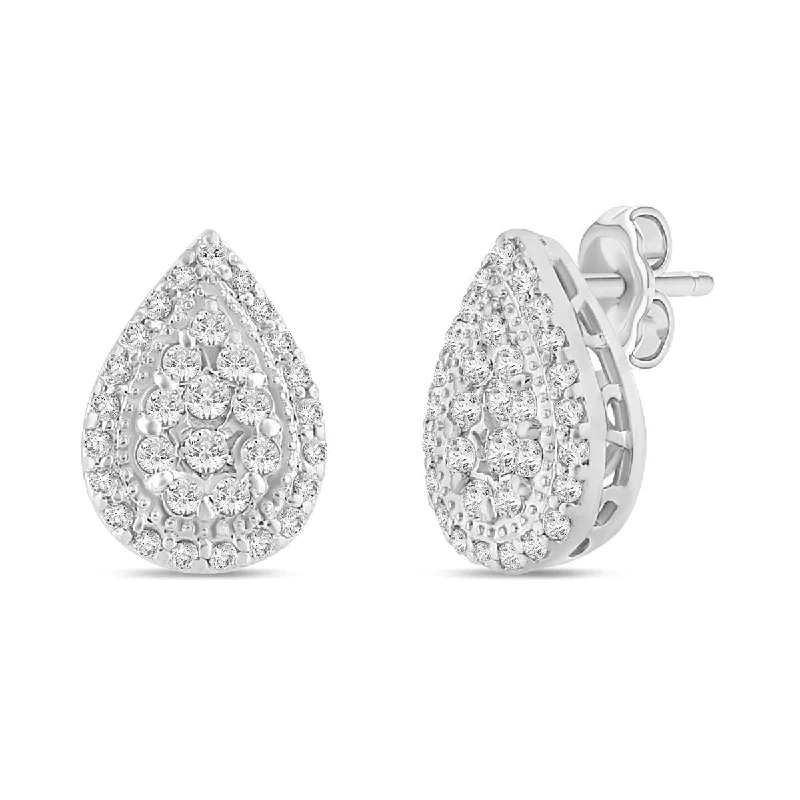 wedding earrings for women -Halo Pear Shaped Stud Earrings with 1/4ct of Diamonds in 9ct White Gold