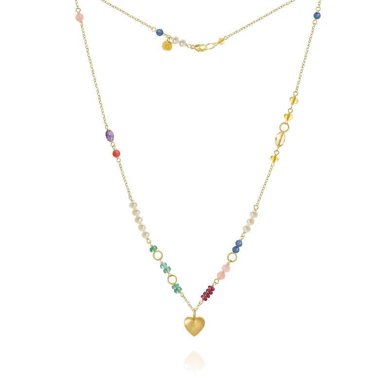 wedding necklaces for women -Piccolo Bloom Heart 18K Gold Necklace, 43 cm w. Emerald, Ruby, Quartz, Kyanite, Pearl, Citrin, Coral & Amethyst