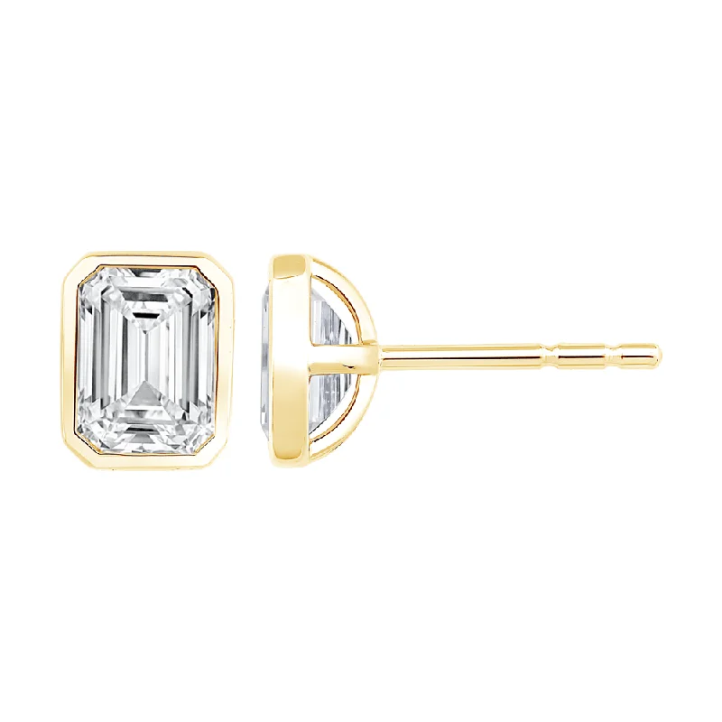 trendy earrings for women -Emerald Cut Solitaire Stud Earrings with 2.00ct of Laboratory Grown Diamonds in 9ct Yellow Gold