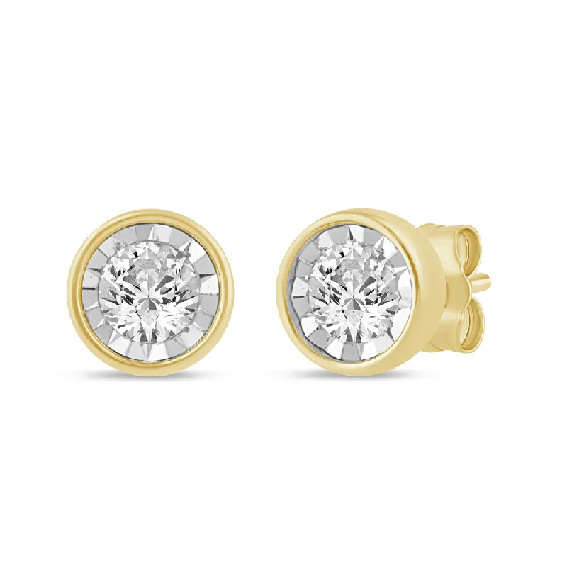 gold stud earrings for women -Soliatire Bezel Stud Earrings with 1/5ct of Diamonds in 9ct Yellow Gold