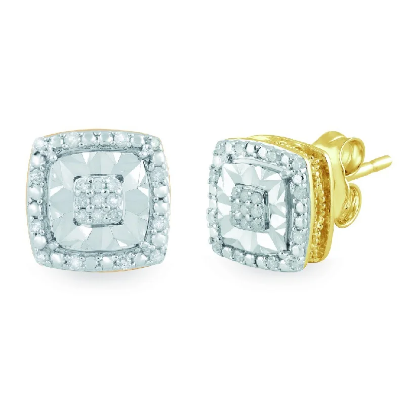 handmade silver earrings for women -Brilliant Halo Square Stud Earrings with 0.10ct of Diamonds in 9ct Yellow Gold