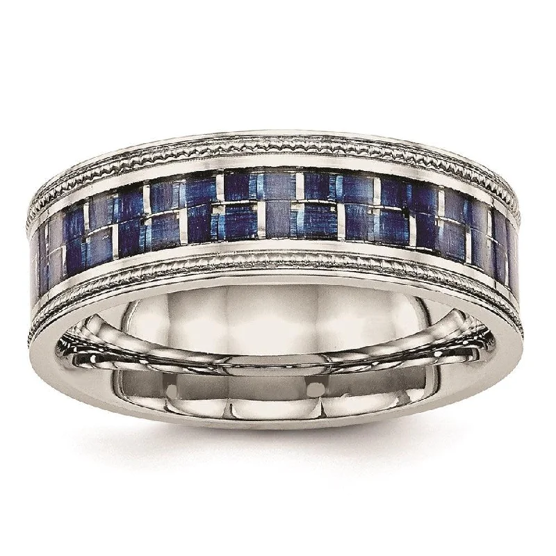 classic diamond rings -Stainless Steel Polished w/ Blue Carbon Fiber Inlay Textured Edge Ring