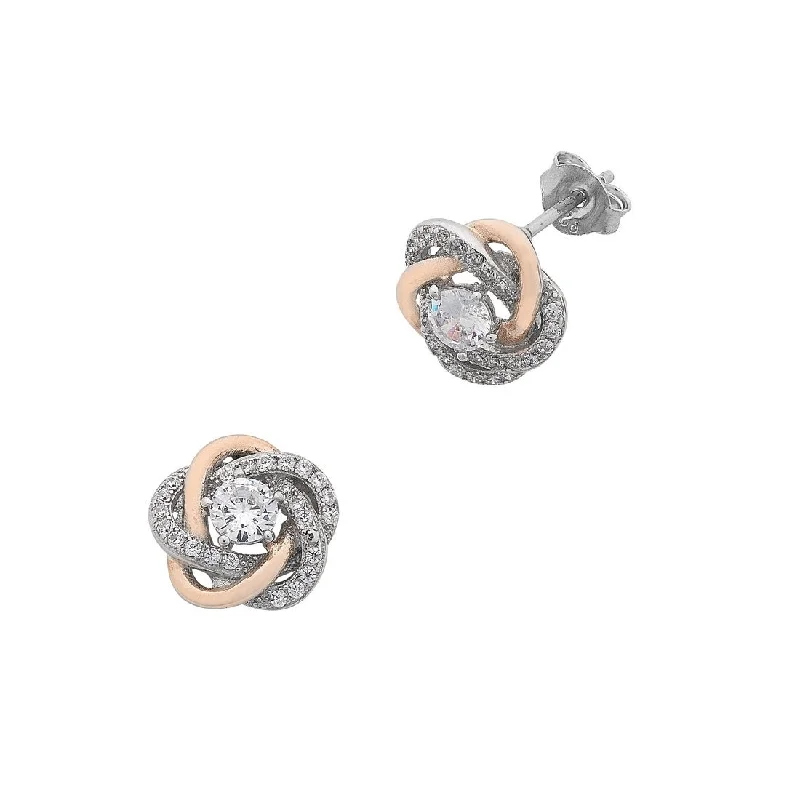 cute earrings for women -Sterling Silver Cubic Zirconia Swirl Stud Earrings with Rose Accents