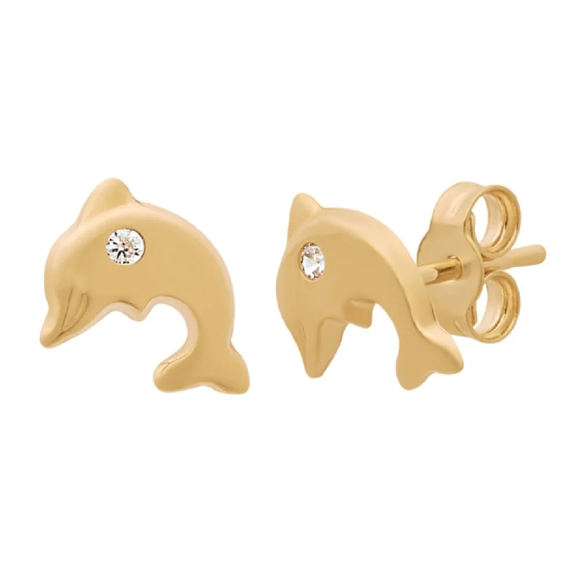 handmade hoop earrings for women -Dolphin Stud Earrings with Cubic Zirconia in 9ct Yellow Gold