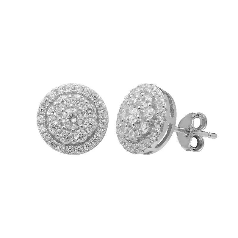 adjustable earrings for women -Sterling Silver Cubic Zirconia Round Halo Stud Earrings