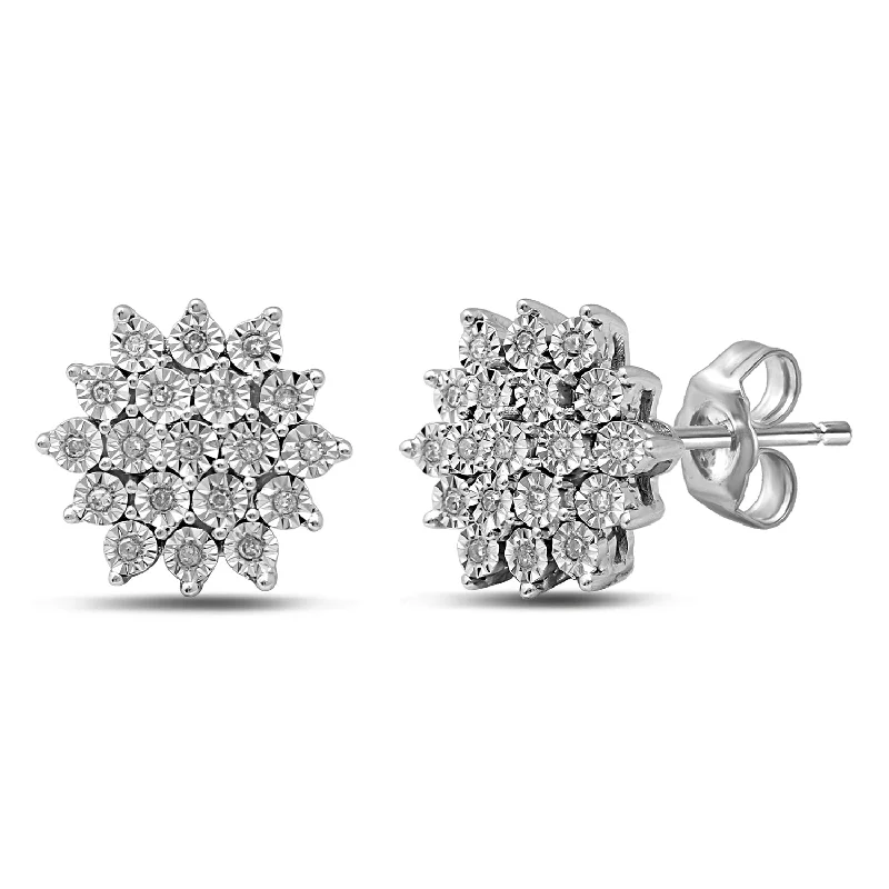 elegant dangle earrings for women -Sterling Silver 0.07ct Diamond Cluster Stud Earrings