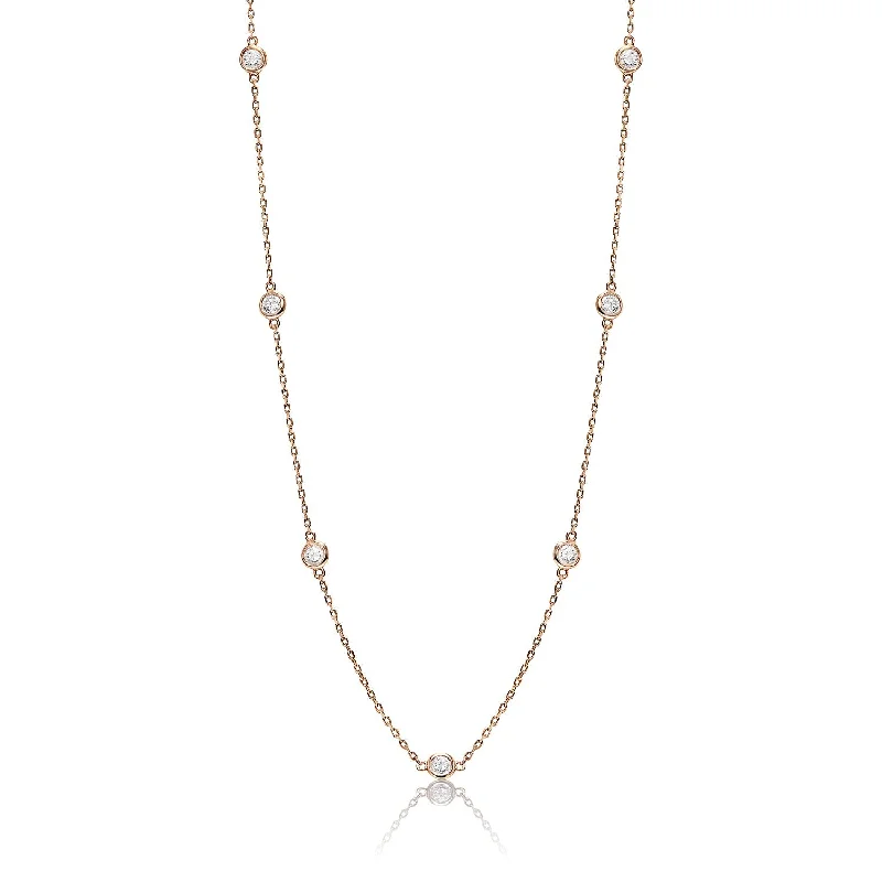 engraved gold necklaces for women -Bridget Station Necklace 15 pointers each Round Brilliant Cut Diamond Bezel Set in 14kt Rose Gold