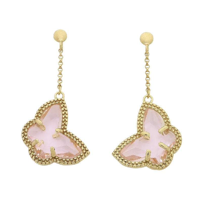 long earrings for women -9ct Yellow Gold Silver Infused Milgrain Pink Butterfly Drop Earrings