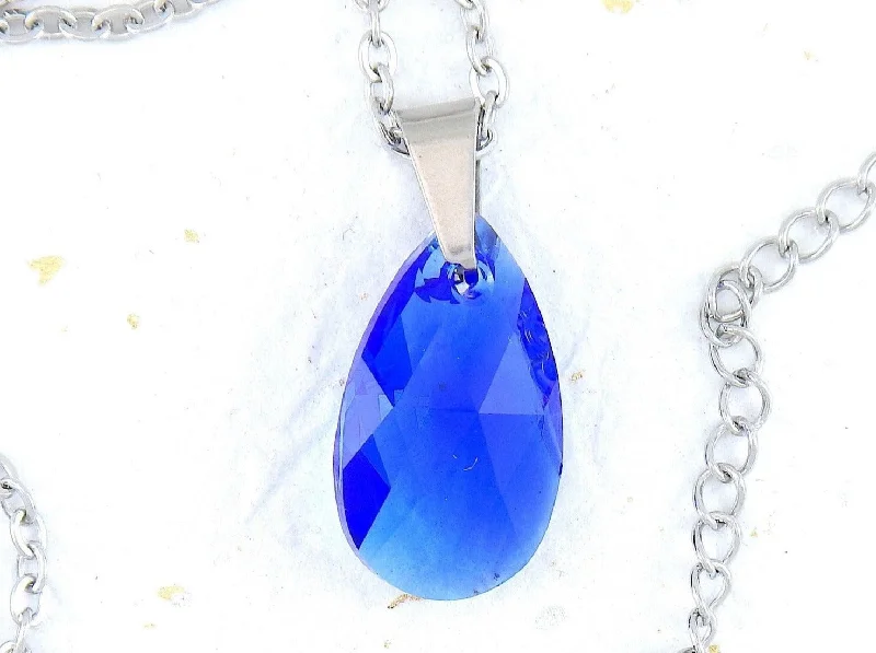 silver necklaces for women -15-inch necklace with 20mm indigo Majestic Blue Swarovski crystal drop pendant, stainless steel chain