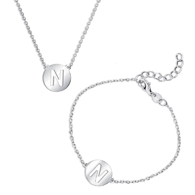 silver necklaces for women -Sterling Silver Shiny 'N' Disc Initial Bracelet and Necklace Set