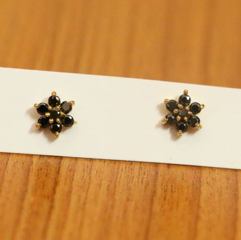 boho earrings for women -Black Onyx Flower Pattern Gold Plated Studs