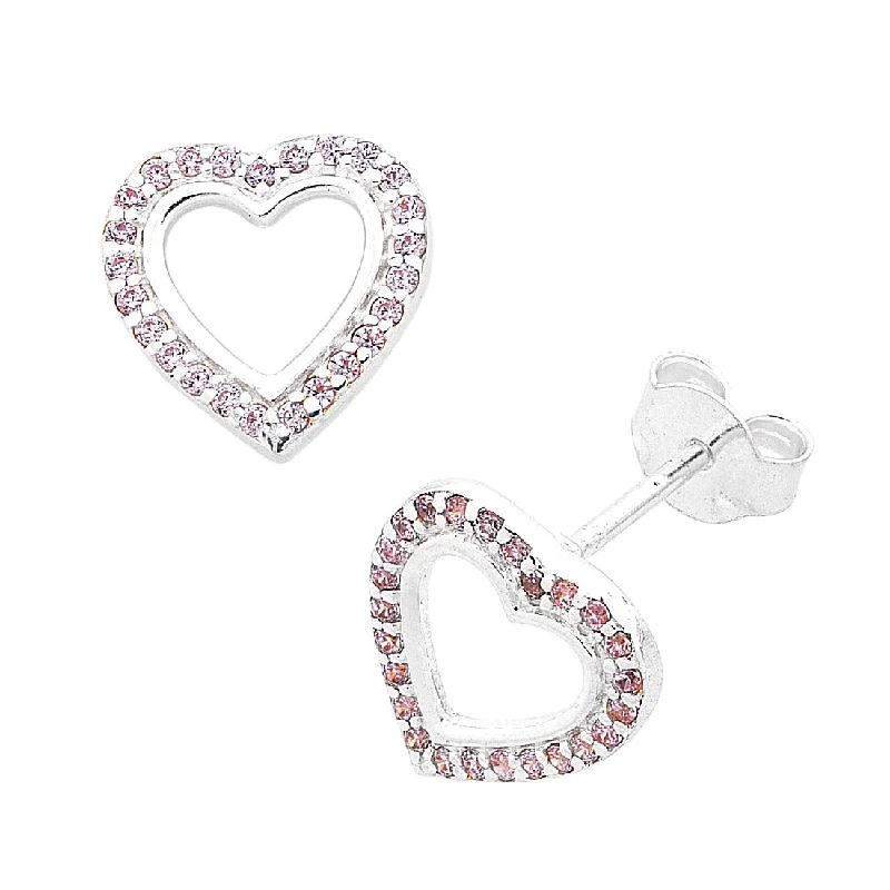 romantic earrings for women -Children's Sterling Silver Open Heart Pink Cubic Zirconia Stud Earrings