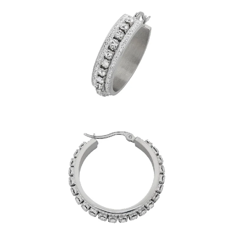 birthday gift earrings for women -30mm Stainless Steel and Crystal 3 Rows Hoop Earrings