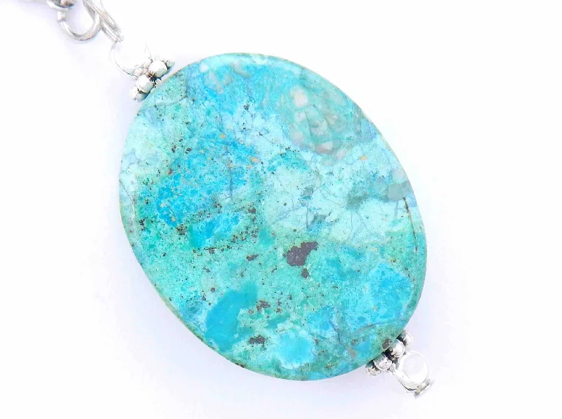 gemstone necklaces for women -30-inch necklace with large blue-green marbled chrysocolla stone slice, stainless steel chain