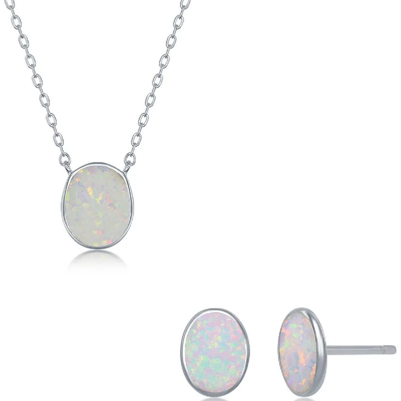 classic gold necklaces for women -Opalata Women's Necklace and Earrings Set - Sterling White Opal Oval Disc | SET-582