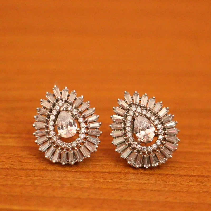 chic drop earrings for women -Silver Plated Pear Shaped Diamond Look Studs