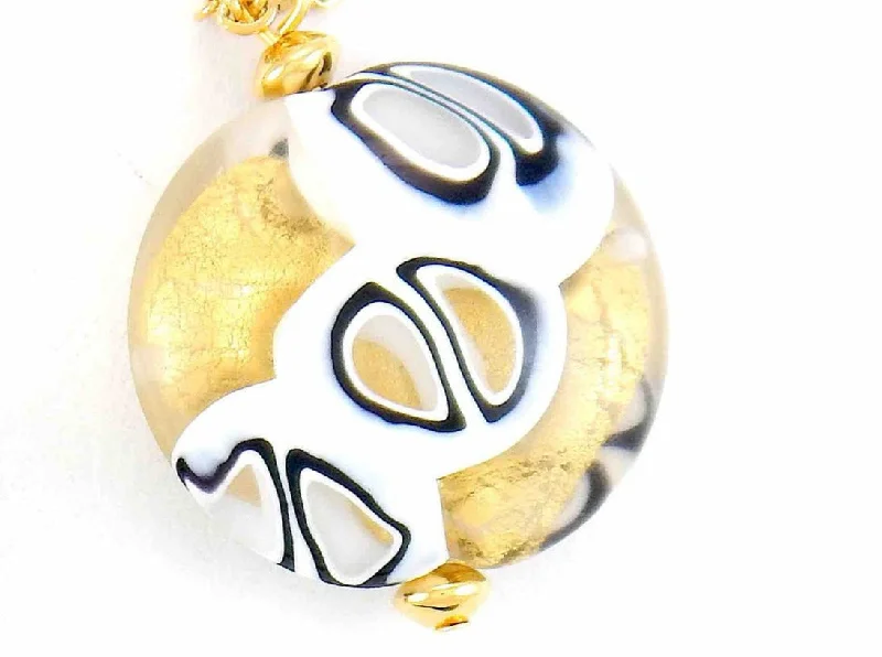 layered gold necklaces for women -16-inch necklace with plump round Murano glass pendant, black and white cellular pattern on gold foil, gold-toned stainless steel chain