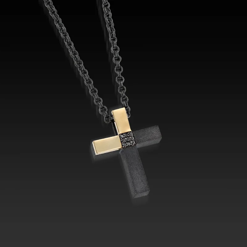 luxurious necklaces for women -Men's Duplex Black Pave Diamond Cross Pendant Necklace