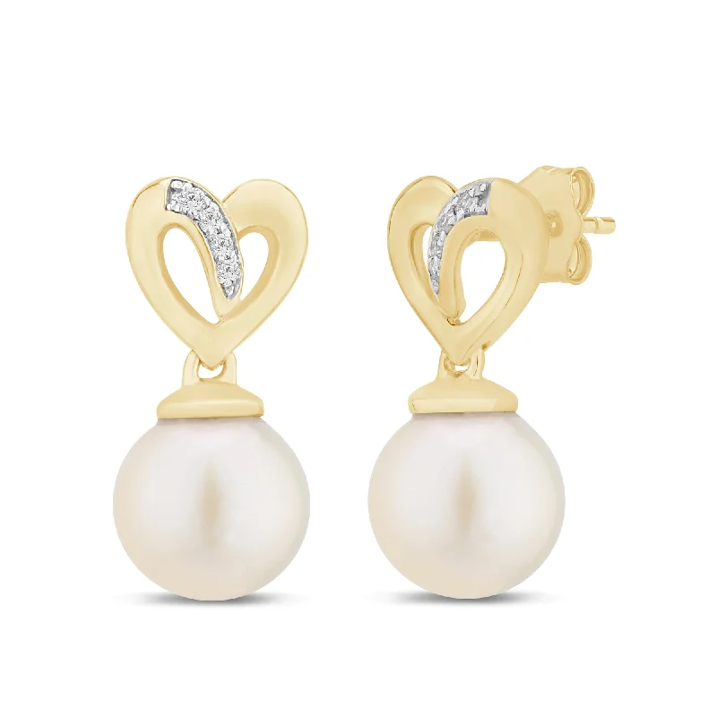 trendy earrings for women -Diamond Set Pearl and Heart Stud Earrings in 9ct Yellow Gold