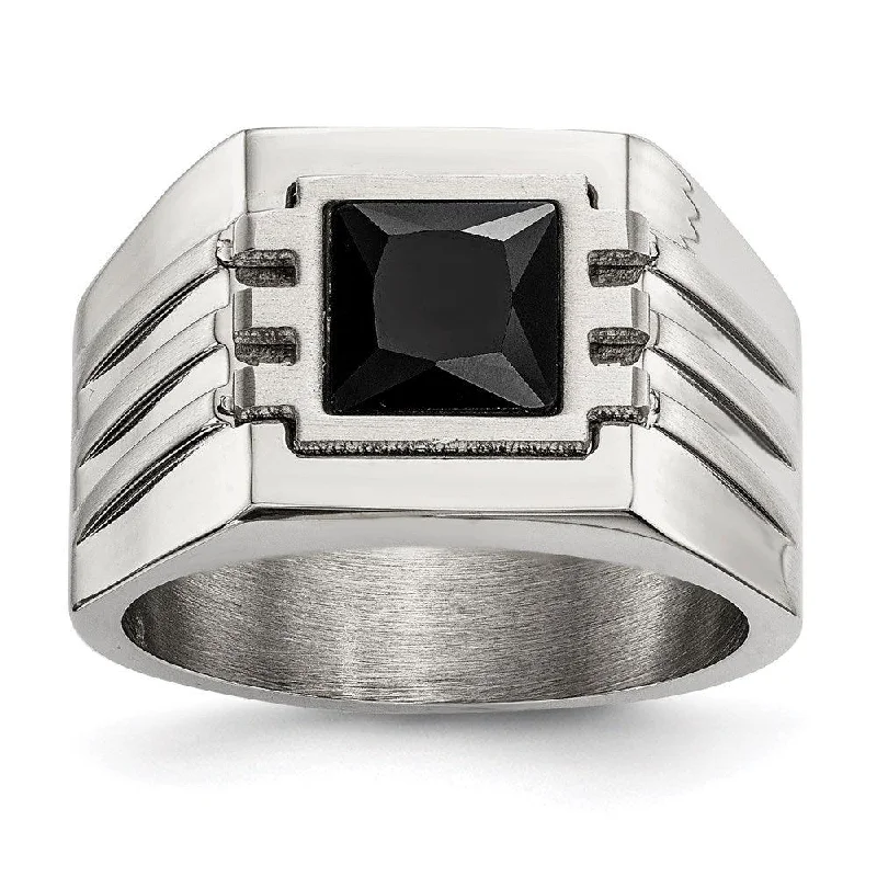 diamond wedding bands -Stainless Steel Brushed and Polished w/ Black CZ Ring