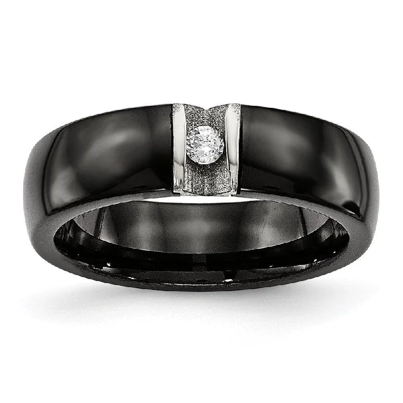 diamond rings for women -Stainless Steel Polished & Laser Cut Black Ceramic CZ Ring