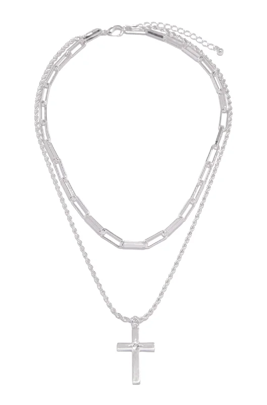 chunky necklaces for women -Ester Layered Cross Pendant Necklace - Silver