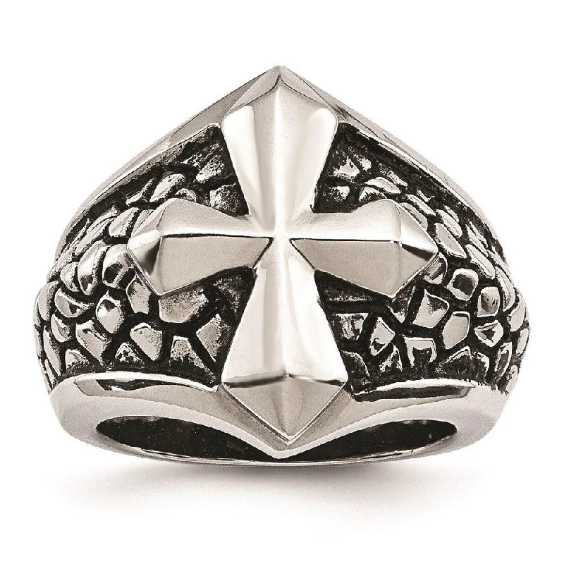 unique gold rings for women -Stainless Steel Antiqued Cross & Caviar Ring