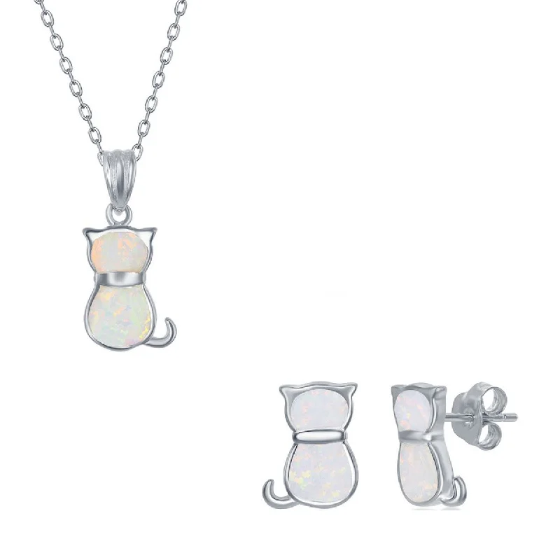 layered gold necklaces for women -Opalata Women's Necklace and Earrings Set - Sterling White Inlay Opal Cat | SET-578