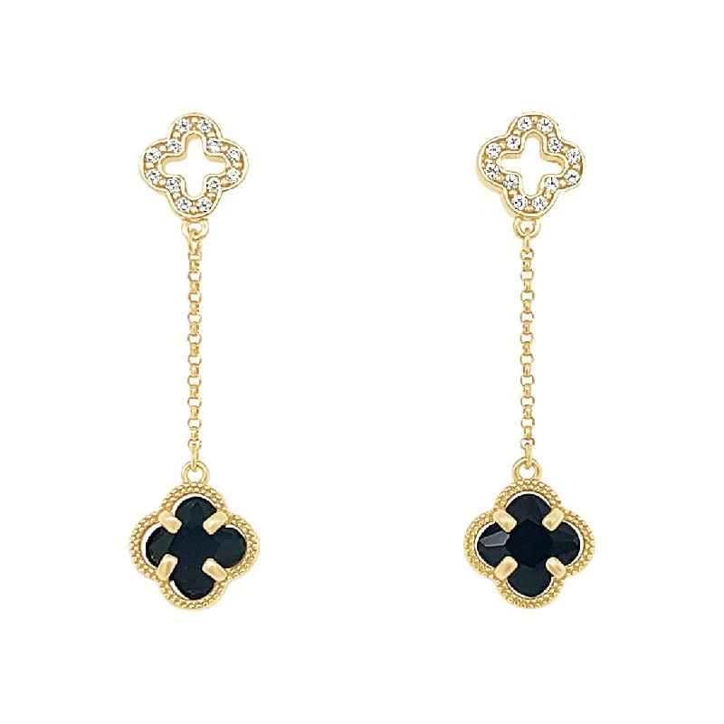 trendy drop earrings for women -Black Clover Drop Earrings in 9ct Yellow Gold Silver Infused